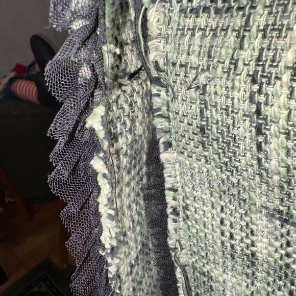 RIVER ISLAND SIZE 14 GREEN & WHITE TWEED BLAZER WITH BLACK LACE TRIM - Picture 4 of 8